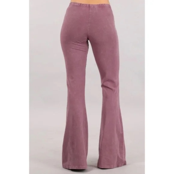Dusty Rose Boho Mineral Wash Stretch Flared Bell Bottom Casual Pants - Picture 3 of 6